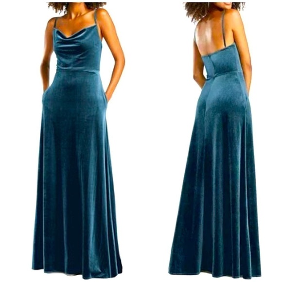 NWT After Six Cowl Neck Velvet Gown Bridesmaid Dress Dutch Blue 1541 Sz 16 - Picture 1 of 12